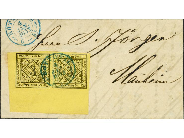 3 Kreuzer schwarz auf hellgelb im waagerechten Paar aus der linken unteren Bogenecke, sehr schön farbfrisch und allseits brei