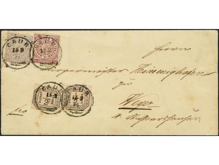 1870, ½ Groschen schwarz/mattorangerot, 2 Einzelstücke in Mischfrankatur mit Freimarken 1868, ¼ Groschen bräunlichlila und 18