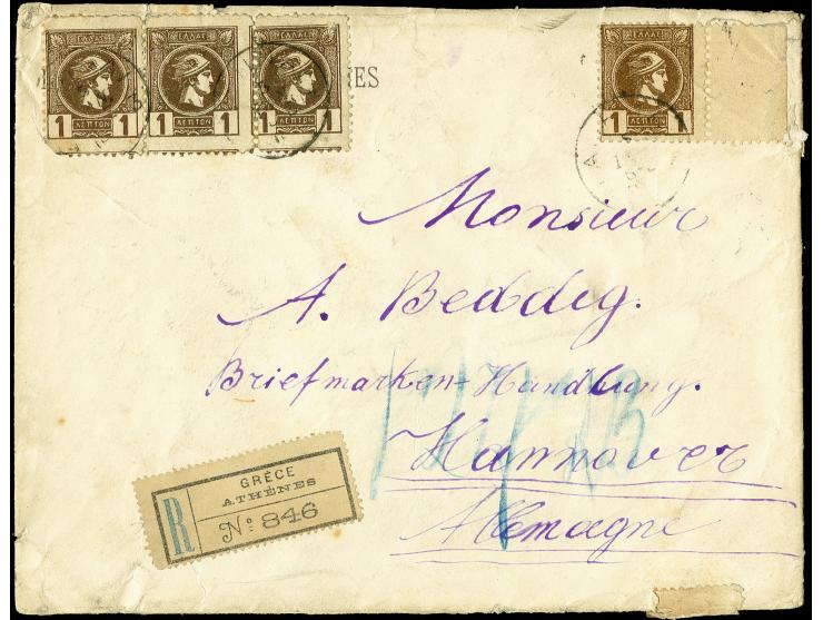 1896, Heavy registered cover franked with Small Hermes Head 1 l. perforated (8), 2 l., 10 l. imperforated, 20 l., 25 l., 50 l