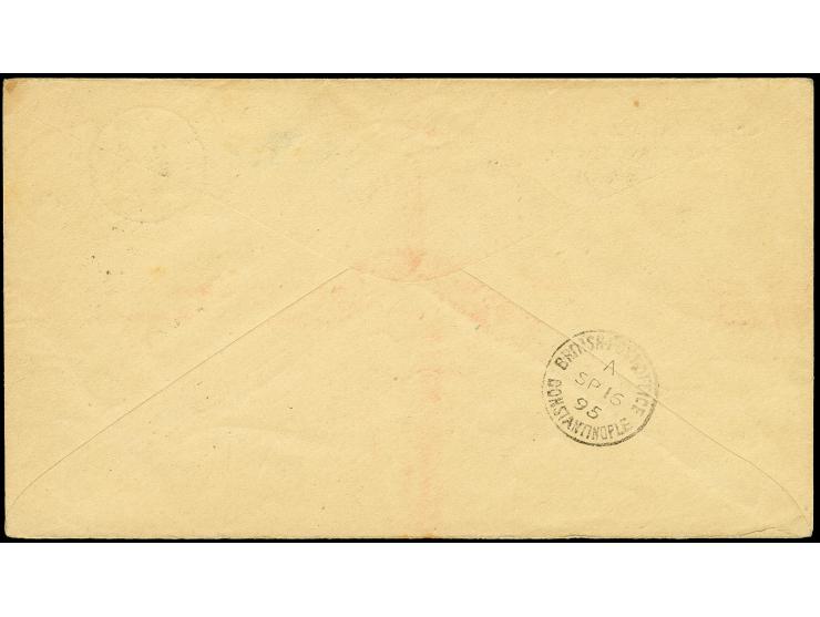 1895/1900, Register stamp 3 d. on 2 d. and 2 s. 6 d., tied by black "APIA AUG 14 95" and additionally with oval "REGISTERED L