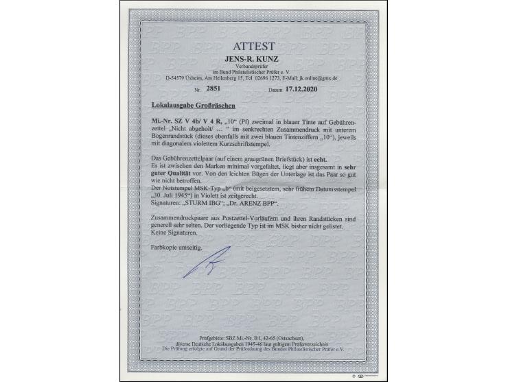 1945, Gebührenzettel „Nicht abgeholt…“ 10 Pfg. im senkrechten Zusammendruck mit Gebührenzettel aus Bogenrand 10 Pfg. mit Nots