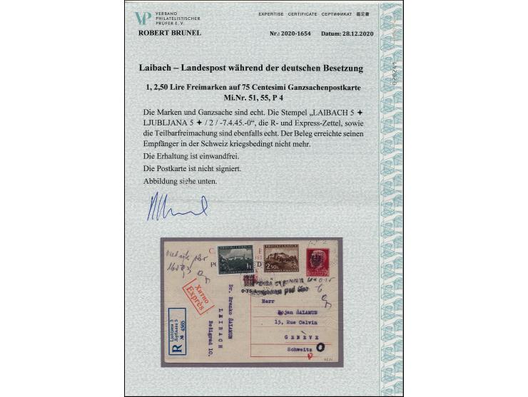 1944, Ganzsachenkarte 75 C. mit Zufrankatur Ansichten aus Slowenien 1 und 2.5L. mit Stempel "LAIBACH 5 -7.4.45" als eingeschr