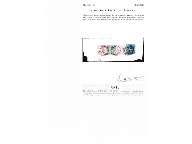 2 annas emerald-green, 1 anna dull red (2 copies) and ½ anna plate III deep blue, tied by Jaipur seal cancel to registered en