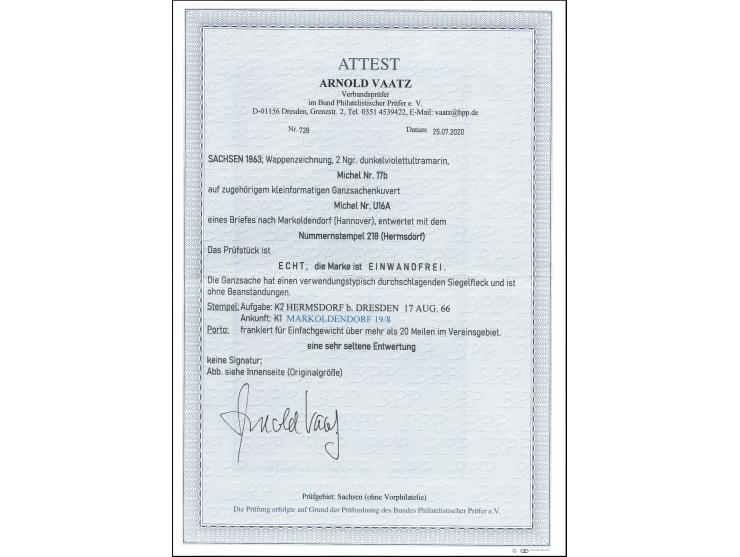 "218" zweimal sauber abgeschlagen auf 2 Neugroschen dunkelviolettultramarin auf Ganzsachenumschlag 1 Neugroschen rosa mit neb