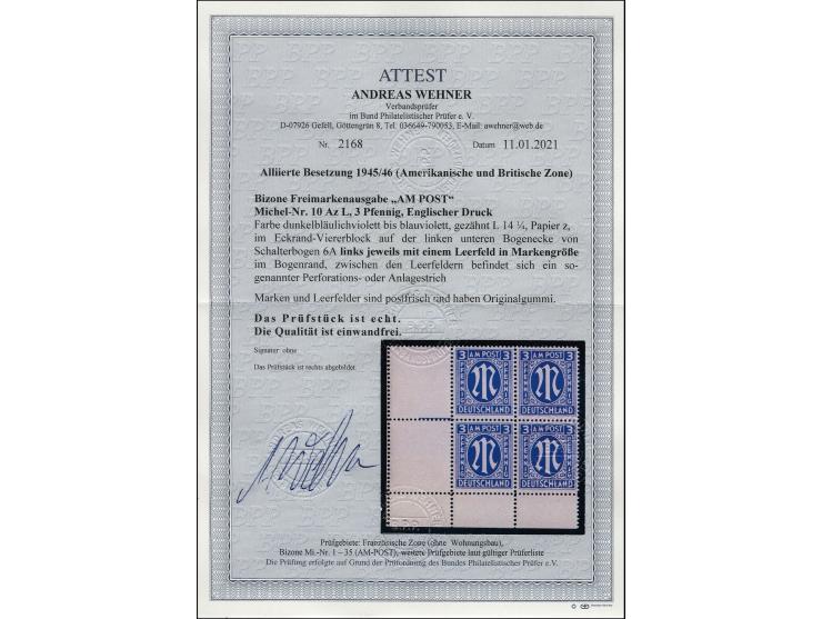 1945, Englischer Druck 3 Pfg. dunkelbläulichviolett im Viererblock aus der linken unteren Bogenecke, links im Rand mit zwei k