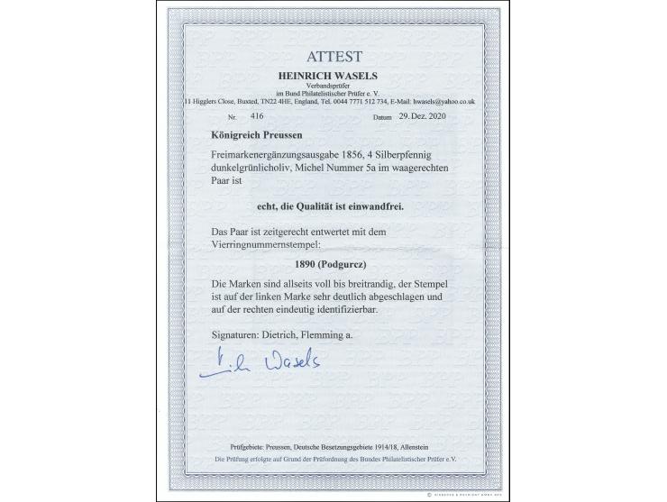 1856, 4 Pfg. dunkelgrünoliv im waagerechten Paar, allseits voll- bis breitrandig mit zwei klaren Nummernstempeln „1890“ (Podg