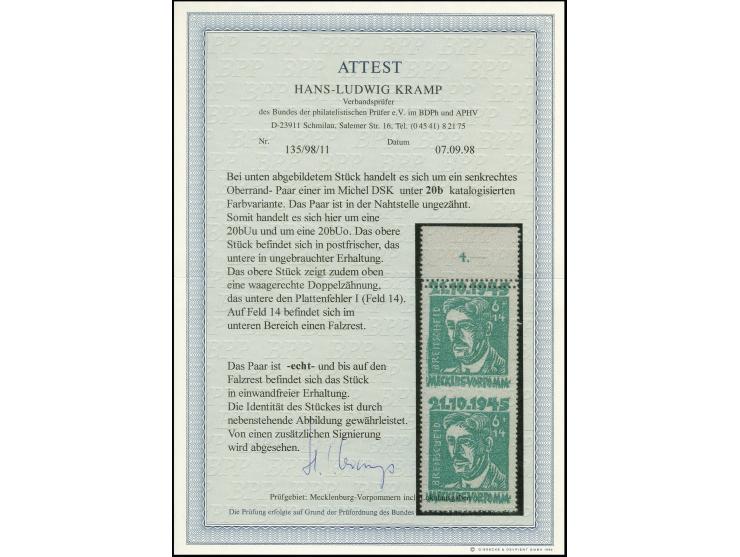 Opfer des Faschismus 6 Pfg. schwärzlichgelbsmaragdgrün im senkrechten Oberrandpaar mit Abart "Mitte ungezähnt" mit zusätzlich