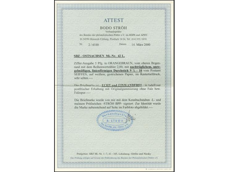 Postmeistertrennungen: Seiffen 5 Pfg. orangebraun, Oberrandstück, postfrisch, sign. Stöh BPP mit Fotoattest: "...in tadellose