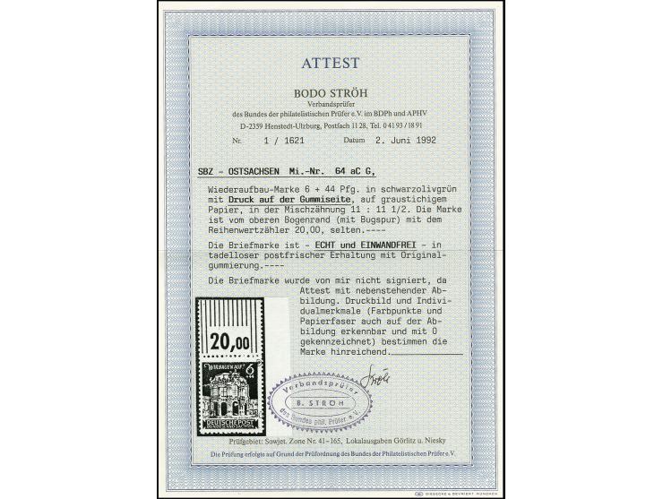 6 Pfg. dunkelgraugrün gezähnt L 11: 11 1/2 mit Druck auf der Gummiseite, Oberrandstück, postfrisch, im Oberrand mit Bug, Mark