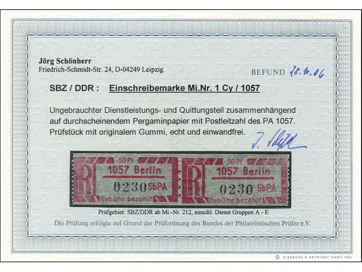 1967, Einschreibe-Gebührenzettel 50 Pfg. gez. 12 1/2 auf Pergaminpapier mit Ortszudruck "1057 Berlin", postfrisch, tadellos, 