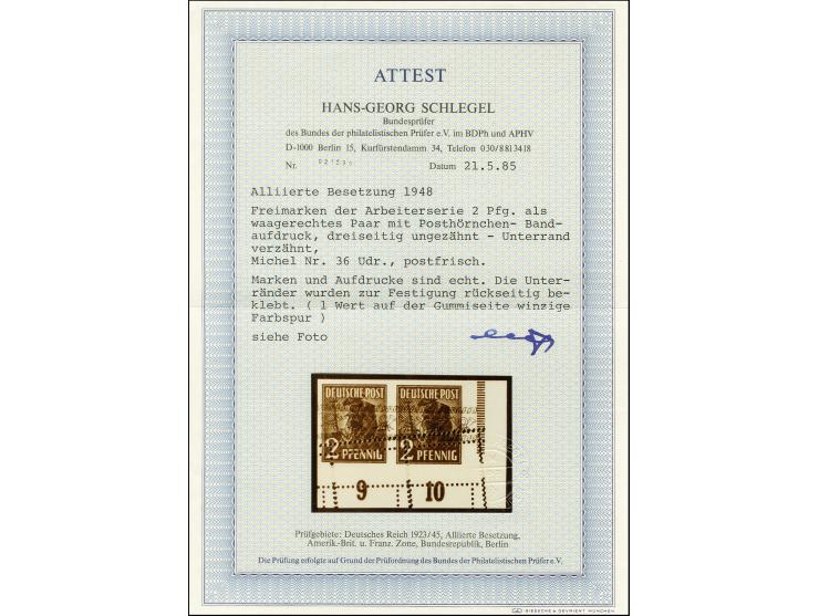 Bandaufdruck: 2 Pfg. im waagerechten Paar aus der rechten unteren Bogenecke mit Abart "nur unten gezähnt" und starke Verzähnu