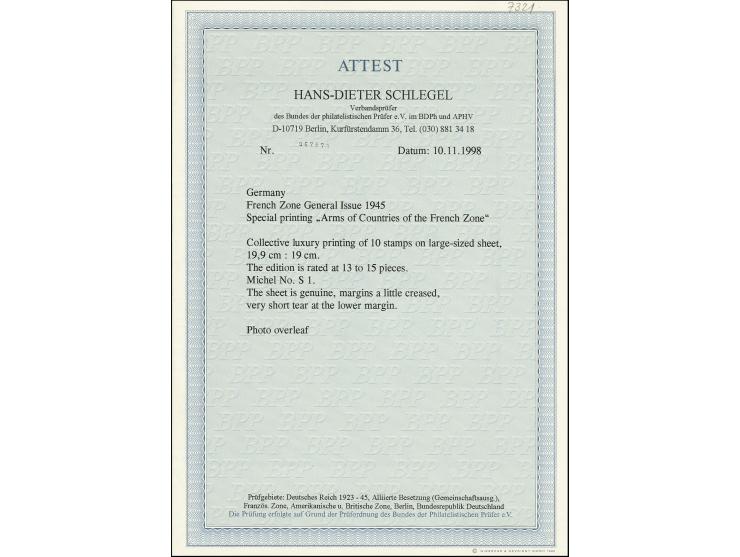 1-30 Pfg. in den entgültigen Farben im unzgezähnten Großblock auf weichem Papier mit Druckvermerk der frz. Staatsdruckerei, u