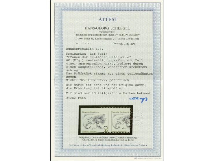 1987, Dorothea Erxleben 60 Pfg.  waagerecht ungezähnt und senkrecht zum Teil gezähnt mit Teil einer angrenzenden Marke unten,