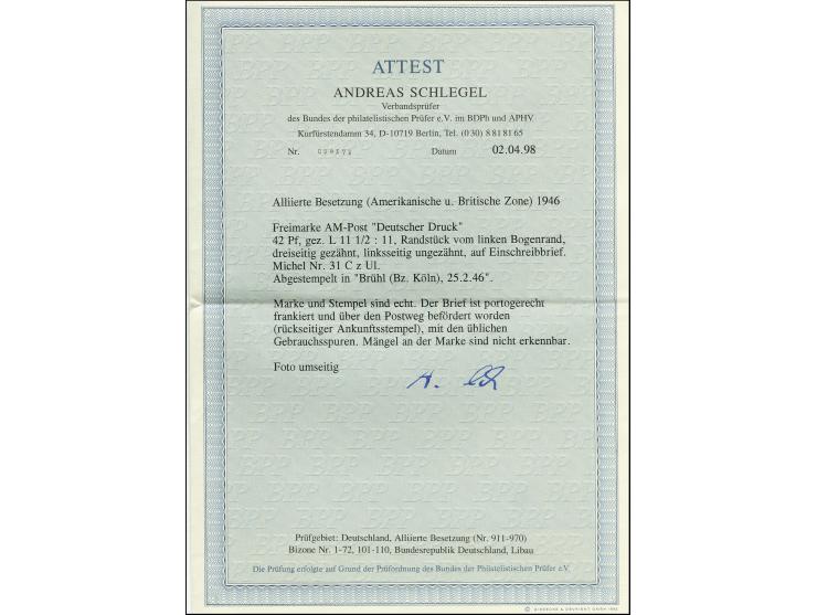 42 Pfg. gez. L 11 1/2:11 mit Abart "links ungezähnt", Randstück als portogerechte Frankatur auf R-Brief von "BRÜHL 25.2.46" n