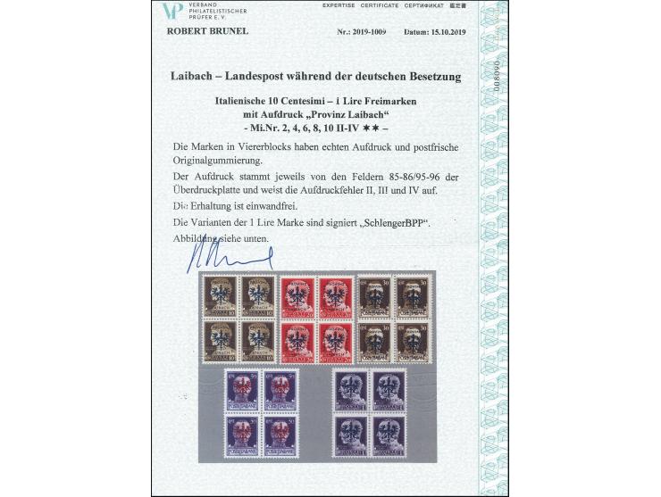 1944, 1. Aufdruckausgabe 10, 20, 30 und 50C. sowie 1L., einheitlich im Viererblock von den Aufdruckfeldern 85-86/95-96, mit d