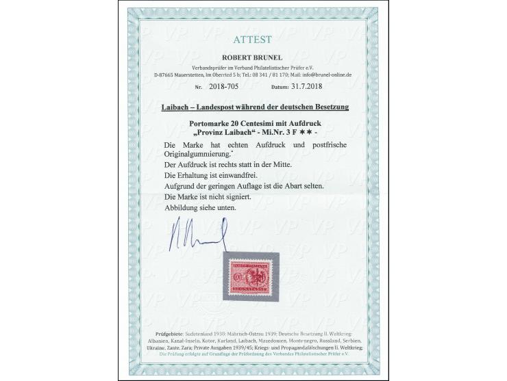 1944, 20 C. mit rechtsstehendem Aufdruck, postfrisch, tadellos, Fotoattest Brunel (2018)