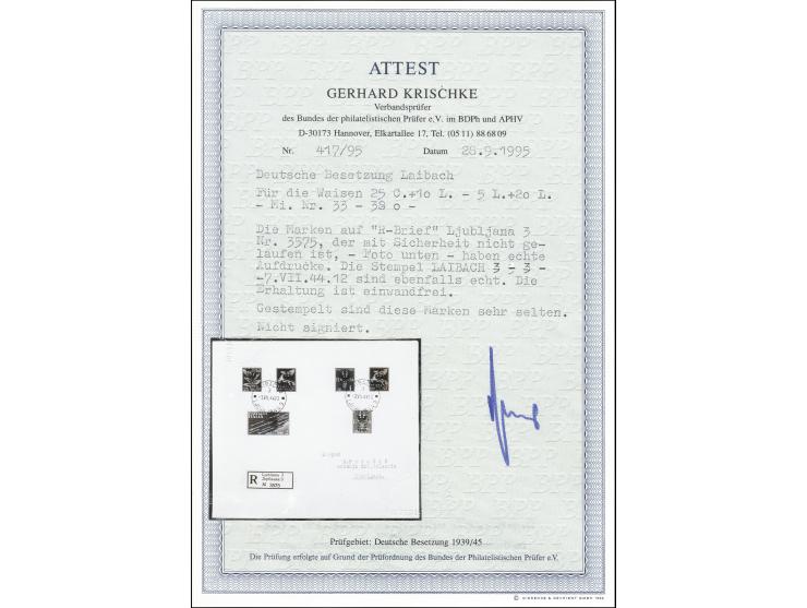 1944, Winterhilfe 25 C.-5 L. kpl. mit Stempel "LAIBACH 3 7.VII.44" auf philatelistischem, nicht gelaufenem R-Brief, Fotoattes