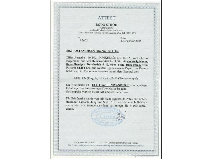 Seifen: 40 Pfg. dunkelrötlichlila, Oberrandstück mit Abart "oben ohne Durchstich", sauber gestempelt, sehr seltene Marke, Fot