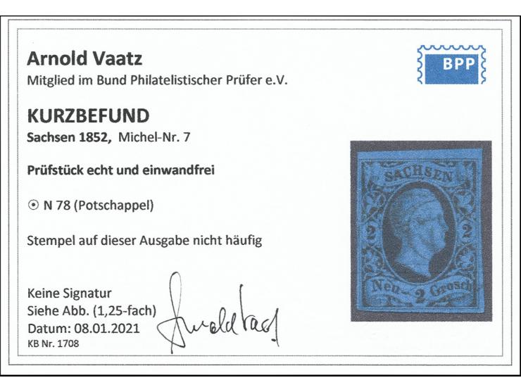 "78" POTSCHAPPEL, sauber auf Friedrich August 2 Ngr. auf dunkelblau, noch voll- bis breitrandig, einwandfrei, Kurzbefund Vaat