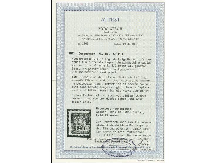 6 Pfg. Probedruck schwärzlichgelbgrün, gez. L 11 1/2 auf graustichigem Schreibmaschinenpapier, postfrisch mit winziger herste