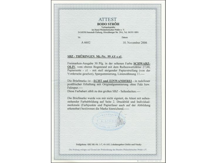 30 Pfg. schwarzoliv auf z1-Papier mit Spargummierung, Oberrandstück, postfrisch, eine der großen SBZ-Seltenheiten, bisher sin