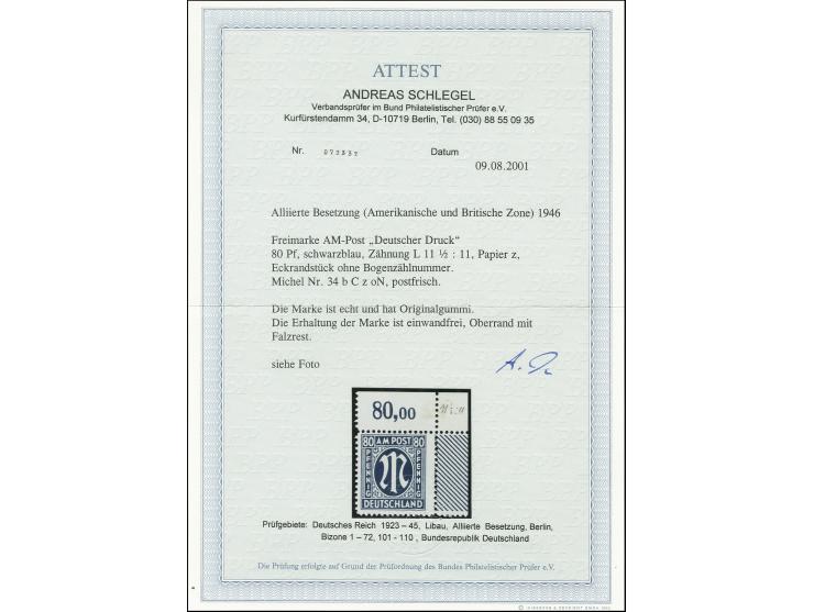 80 Pfg. schwarzblau, gez. L11 1/2:11 aus der rechten oberen Bogenecke ohne Bogenzählnummer, postfrisch mit Falzresten im Ober