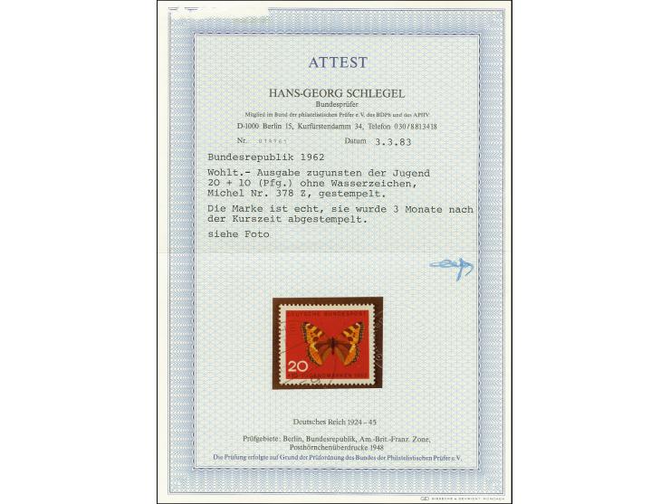 1962, Schmetterlinge 20 Pfg. ohne Wasserzeichen, sauber gestempelt (drei Monate nach der Kurszeit), tadellos, selten, Fotoatt