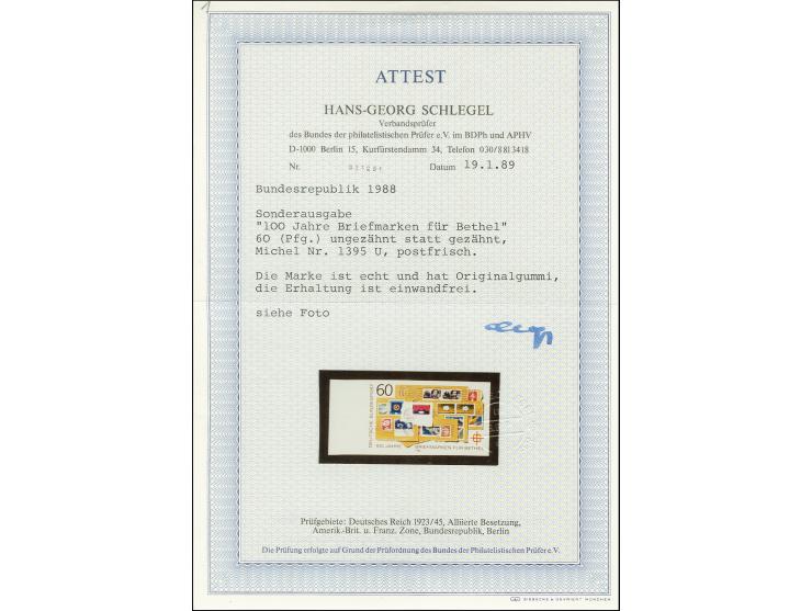 1988, 100 Jahre Briefmarken für Bethel 60 Pfg. ungezähnt, Randstück, postfrisch, tadellos, unsigniert mit Fotoattest Schlegel