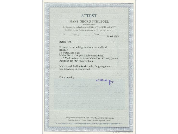 1-5 M je mit Aufdruckfehler "rechter Aufstrich des N oben verdünnt", vier Unterrandstücke, postfrisch, tadellos, unsigniert m