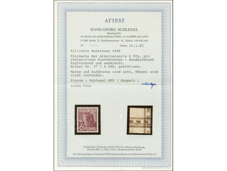 6 Pfg. mit rückseitigem Doppelaufdruck, einmal kopfstehend, einmal senkrecht, postfrisch, tadellos, doppelt sign. Schlegel BP