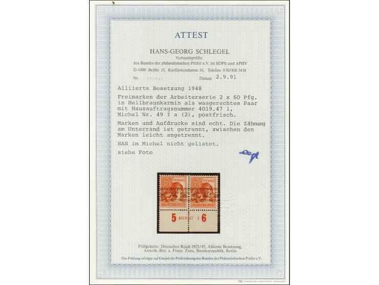 60 Pfg. braunkarmin im waagerechten Unterrandpaar mit HAN "4019.47 1", postfrisch, im Unterrand angetrennt, sonst tadellos, b