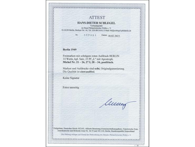 1948, Rotaufdruck 2 Pfg.-2 M. kpl., 25 Pfg. mit Aufdruckfehler „L mit Apostroph“, postfrisch, tadellos, unsigniert mit Fotoat