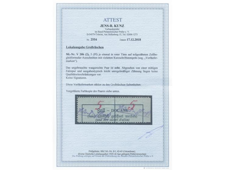 1945, Gebührenzettel "Zoll-Duane" 5 Pfg. mit roter Wertangabe im waagerechten Paar, sauber ungebraucht mit ausgabentypischer 