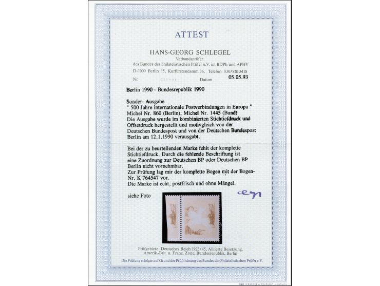 1990, 500 Jahre internationale Postverbindungen in Europa 100 Pfg. mit Abart "Farbe Dunkelrotbraun (Stichtiefdruck) fehlend",