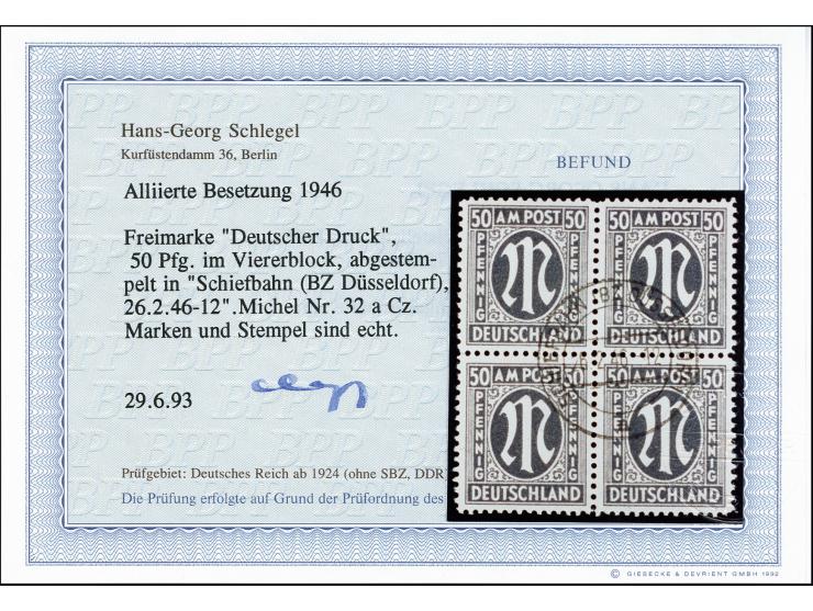 50 Pfg. schwargrün gez. L 11 1/2:11 im Viererblock, gestempelt, tadellos, selten, Fotobefund Schlegel BPP (1993) (Mi. 6.400,-