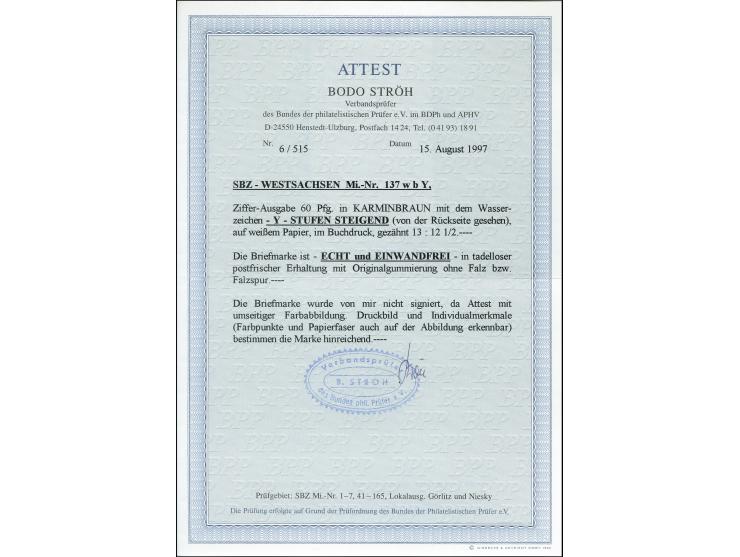 60 Pfg. karminbraun mit Wasserzeichen 1 Y, postfrisch mit Kalanderbügen, tadellos, sehr seltene Marke, unsigniert mit Fotoatt