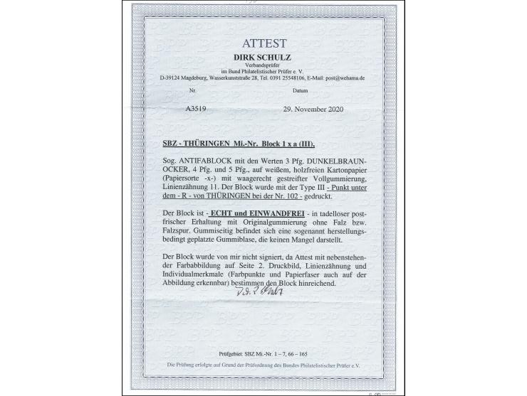 Antifa-Block auf weißem Papier, Type III, postfrisch vom linken Bogenrand, Fotoattest Schulz BPP (2020)