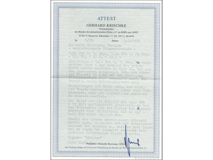 1942, 1,50 Rbl. auf 20 K. grün sowie waagerechtes Paar 1,50 Rbl. auf 10K. blau mit amtlicher Nachmalung, sauber mit aptiertem