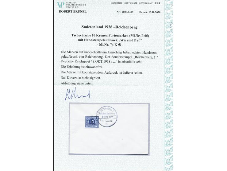 Portomarke 10 Kc. mit kopfstehendem Aufdruck, sauber mit Sonderstempel auf Blanko-Umschlag, eine der ganz großen Seltenheiten