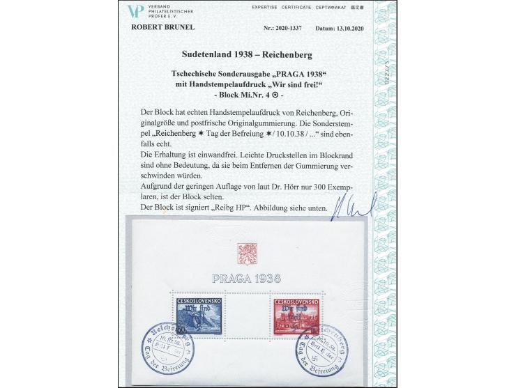 Briefmarkenausstellung Praga 1938 Blockausgabe, sauber gestempelt "REICHENBERG 10.10.38", tadellos, selten, sign. Reibg HP so
