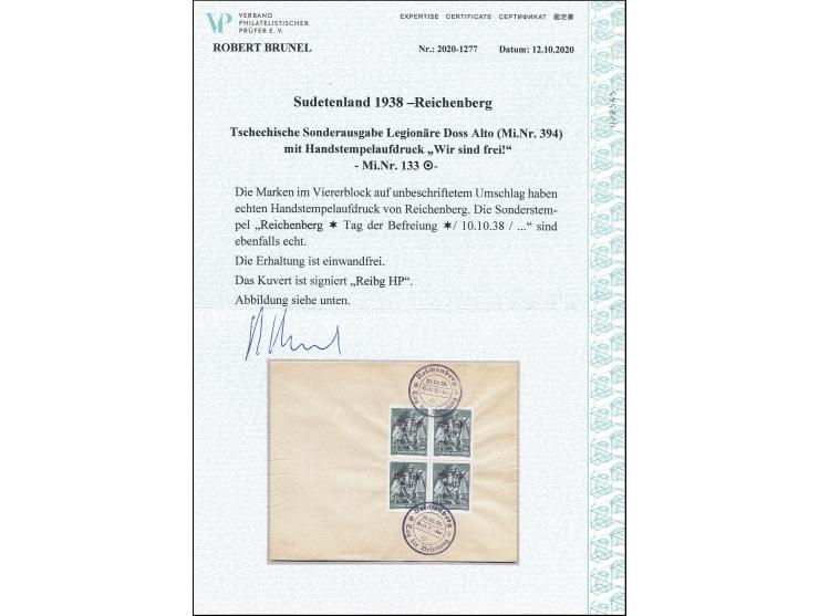 Doss Alto 50 H. im Viererblock mit zwei Sonderstempeln auf Blanko-Umschlag, tadellos, Fotoattest Brunel (2020)