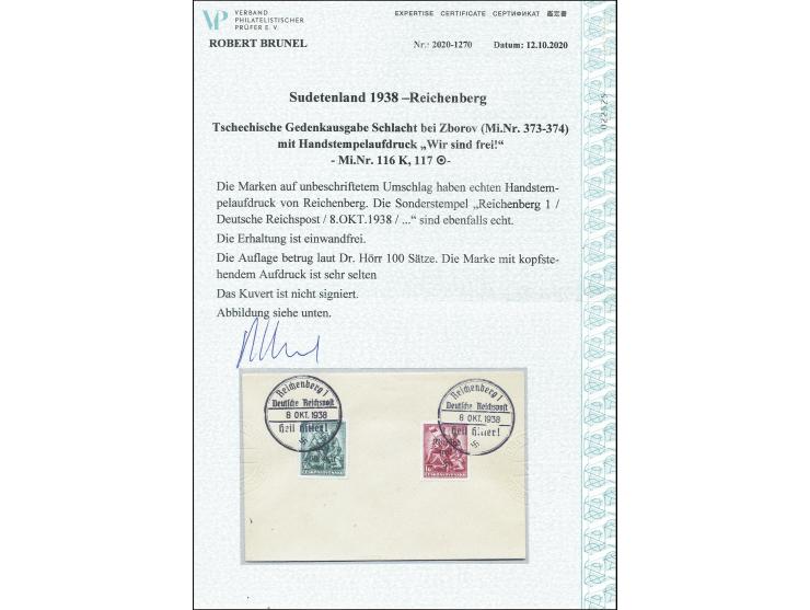 Legionäre 5 H.-1 Kc., 50H. mit kopfstehendem Aufdruck, sauber mit zwei Sonderstempeln auf Blanko-Umschlag, bei einer Auflage 