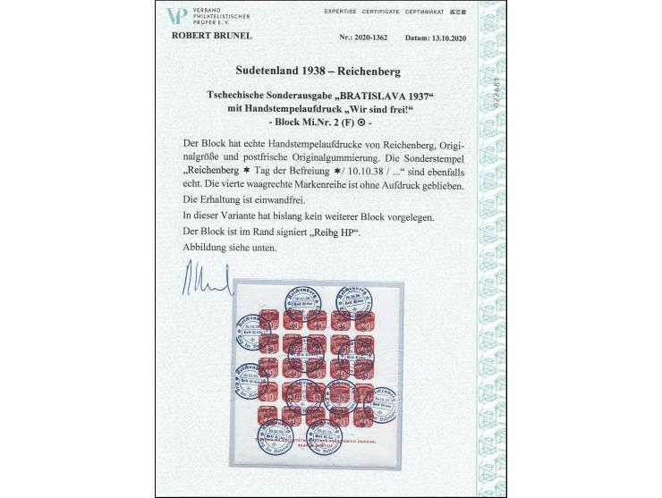 Bratislava 1937 Blockausgabe, die vierte waagerechte Reihe ohne Aufdruck, sauber mehrfach mit Sonderstempel gestempelt, nach 