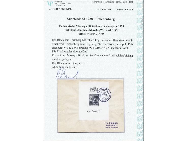 Masaryk mit Kind 2 Kc. Blockausgabe mit kopfstehendem Aufdruck, sauber mit Sonderstempel auf adressiertem Umschlag, nach 80 J