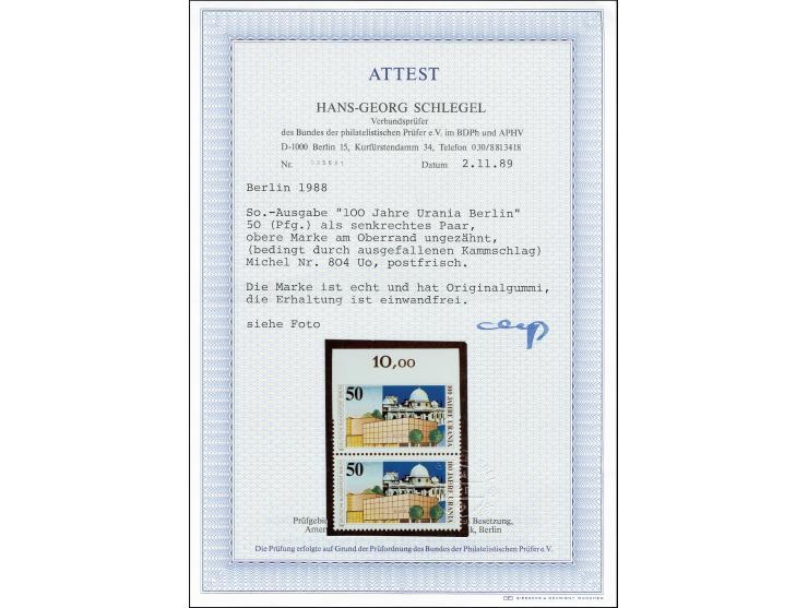 1988, 100 Jahre Urania Berlin 50 Pfg. oben ungezähnt im senkrechten Oberrandpaar mit Normalmarke, postfrisch, tadellos, sehr 
