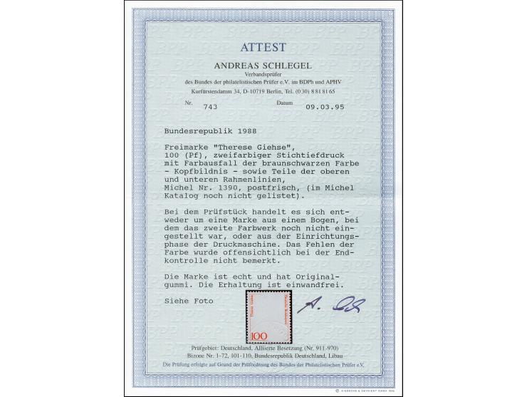 1988, Therese Giese 100 Pfg. mit Abart "Farbe Olivschwarz fehlend (Prägung vorhanden)", postfrisch, tadellos, sehr selten, un