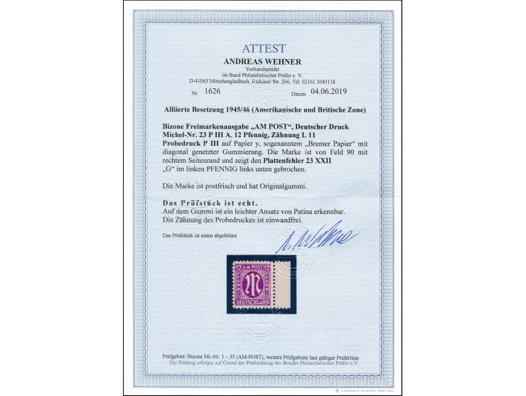 12 Pfg. Probedruck auf y-Papier, gezähnt L 11 mit Plattenfehler "G vom linken PFENNIG links unten gebrochen" (Feld 90), Rands