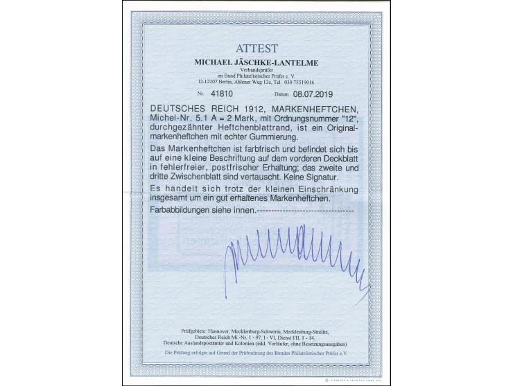 1913/16, Germania 2 M. schwarz auf orange, Ordnungsnummer 12, postfrisch, vorderes Deckblatt mit kleiner Beschriftung und zwe