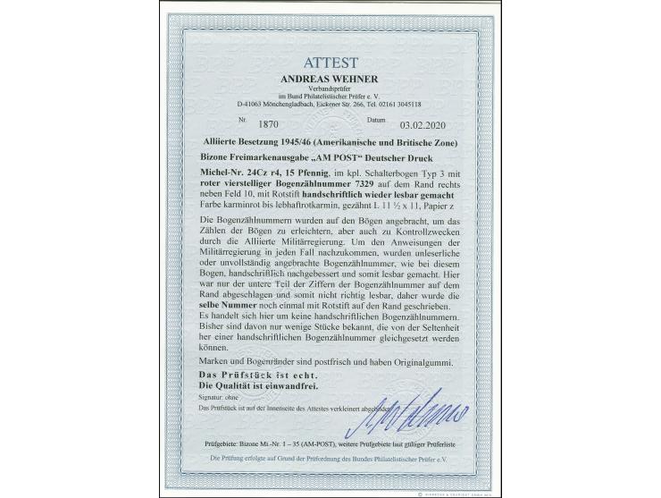 15 Pfg. gez. L 11 ½ : 11, kpl. Bogen mit roter vierstelliger Bogenzähnummer „7329“ neben Feld 10 und mit Rotstift handschrift