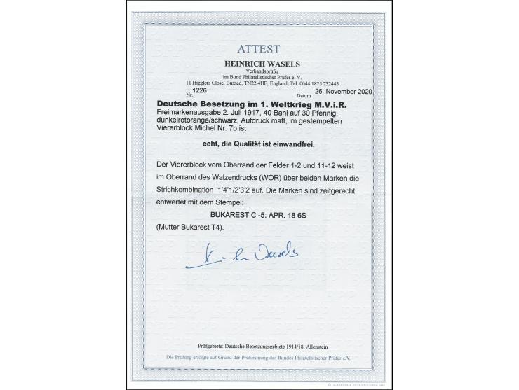 1917, 40 B auf 30 Pfg. mit rußigem Aufdruck im Walzendruck-Oberrandviererblock mit der besseren Konfiguration „1‘4‘1/2‘3‘2‘“ 